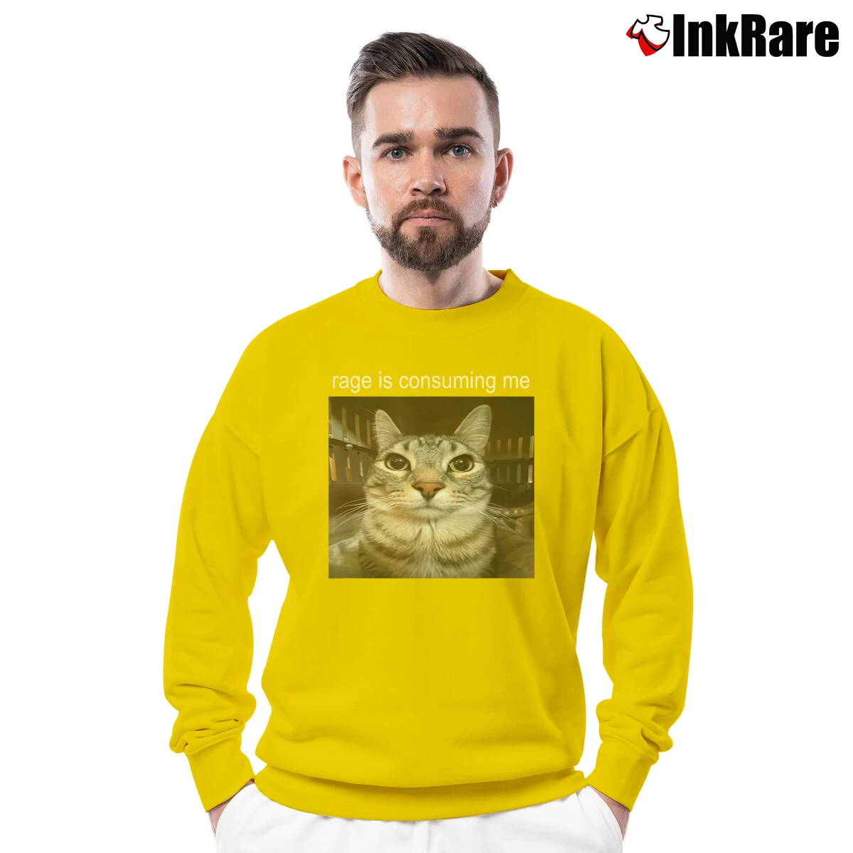 Men’s Cat Meme Rage Is Consuming Me Crewneck Sweatshirt in yellow | Cozy Fabric, Clean Style