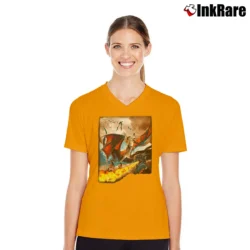 Women’s Cat Riding A Fire Breathing Dragon Funny Fantasy V-Neck Tee in orange | Chic Neckline, Soft Texture