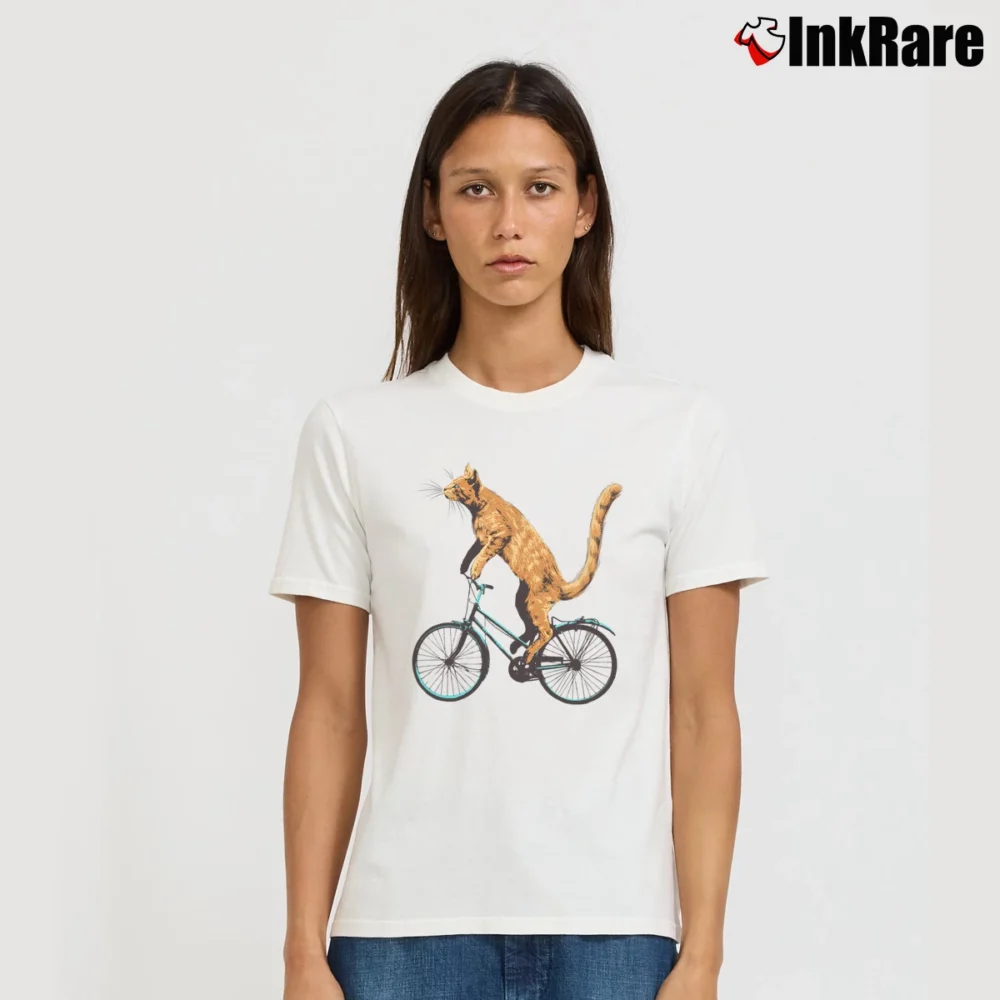 Women’s Cat Riding Bicycle Funny Gift For Cyclist Signature T-Shirt in white | Soft, Flattering Fit