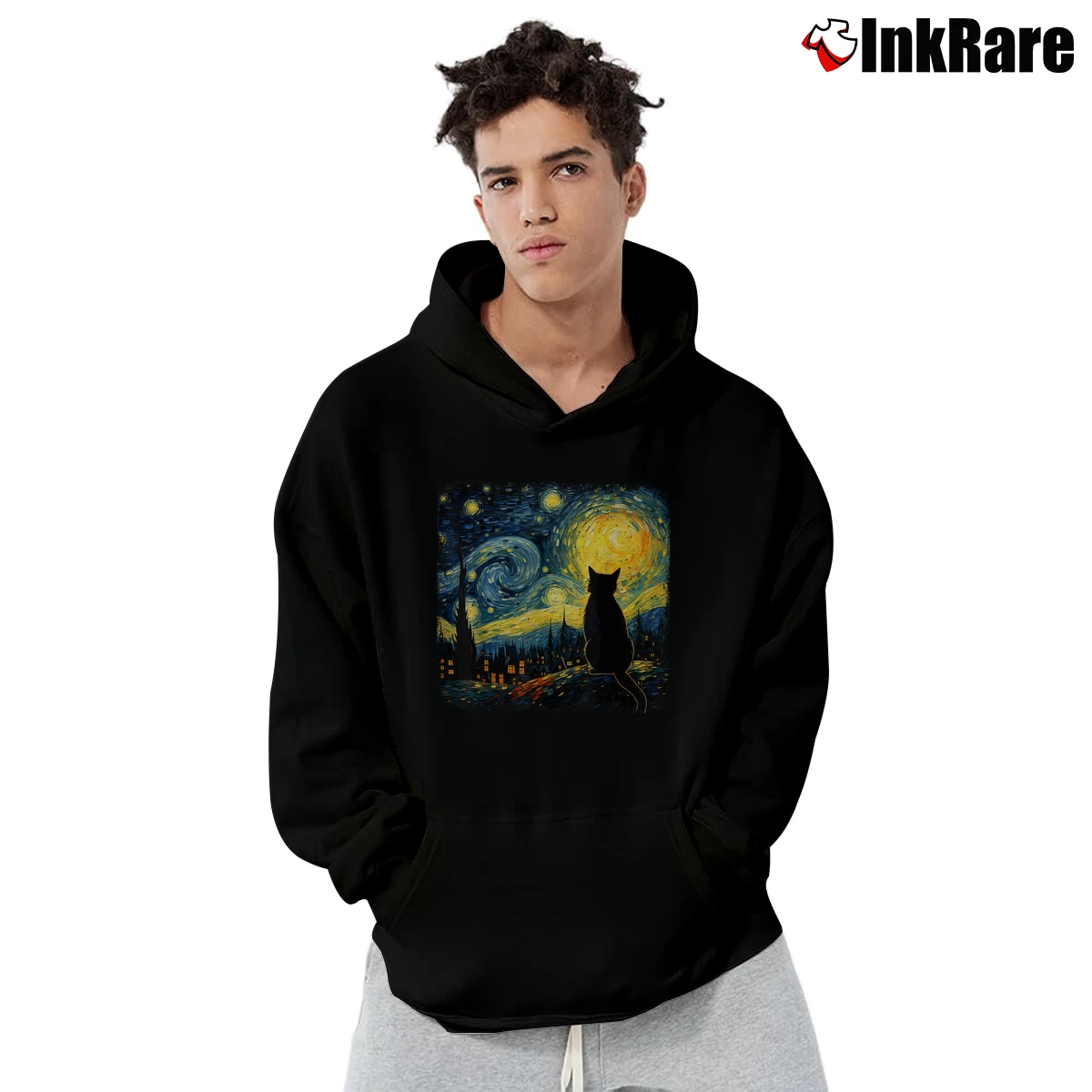 Men’s Cat Starry Night Van Gogh Pullover Hoodie in black | Cozy, Durable, Modern Fit