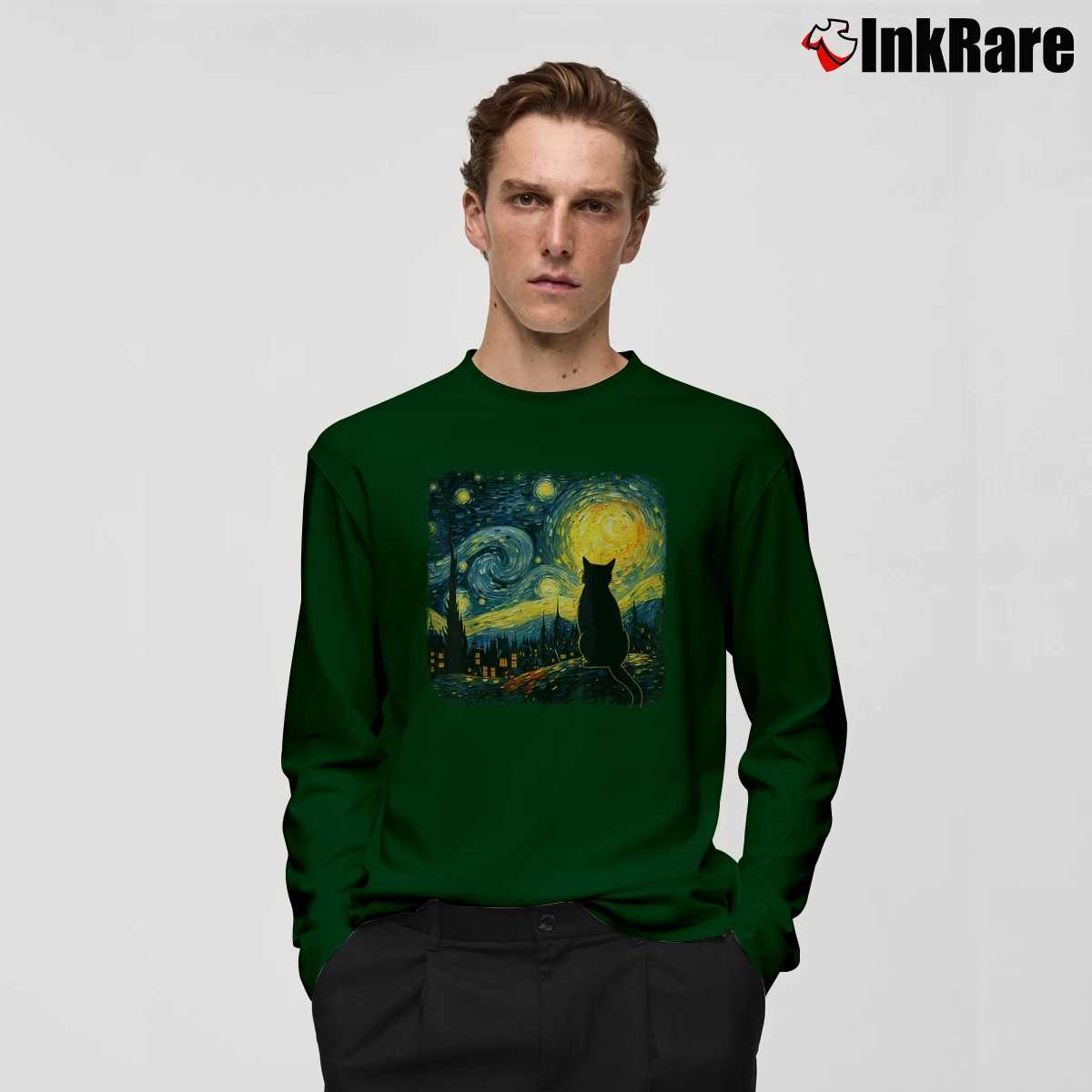 Men’s Cat Starry Night Van Gogh Long-Sleeve Shirt in forest green | Sleek, Lightweight, Year-Round Wear