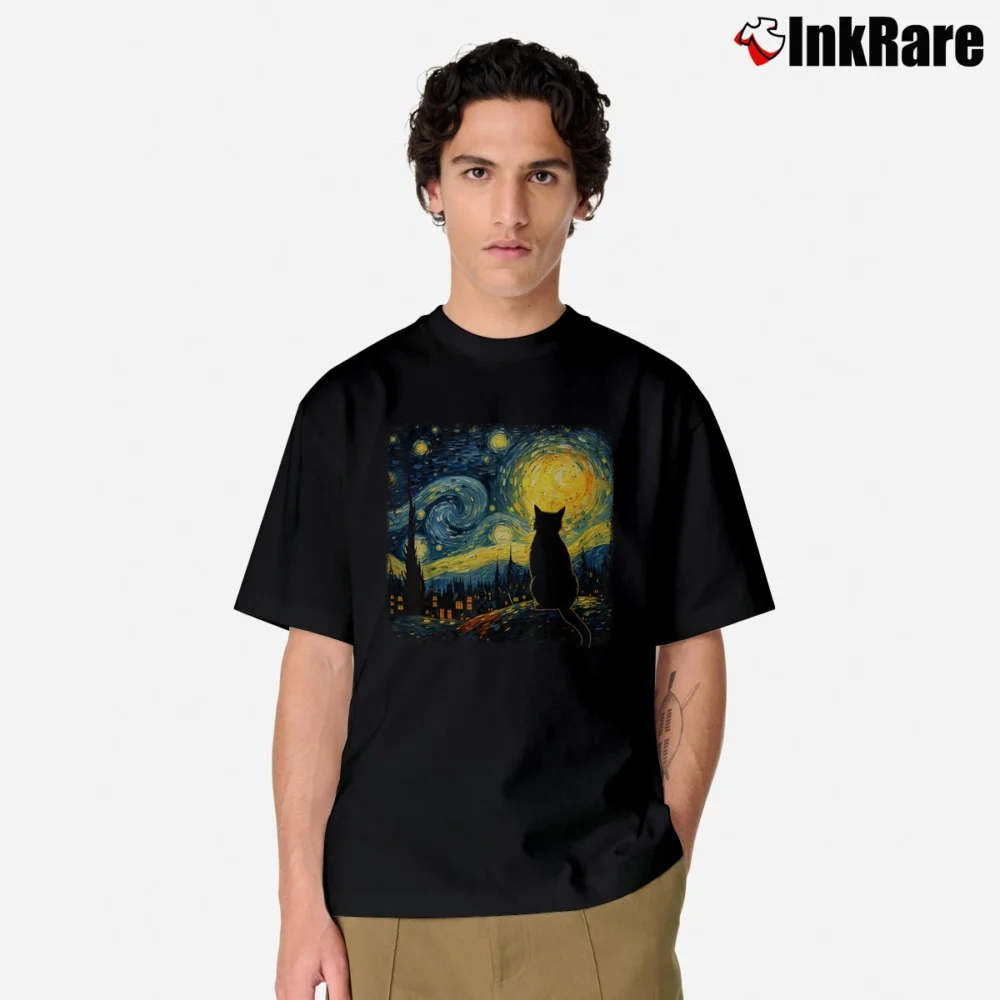 Men’s Cat Starry Night Van Gogh Classic T-Shirt in black | Soft, Breathable Everyday Wear