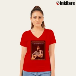 Women’s Cat Stevens Acoustic Master Guitar V-Neck Tee in red | Chic Neckline, Soft Texture