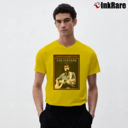 Men’s Cat Stevens Acoustic Master Guitar V-Neck Tee in yellow | Sharp, Breathable, Everyday Staple