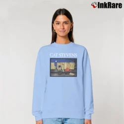 Women’s Cat Stevens Vintage Music Graphic Casual Relaxed Sweatshirt in light blue | Soft, Laid-Back Vibe