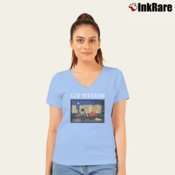 Women’s Cat Stevens Vintage Music Graphic Casual V-Neck Tee in light blue | Chic Neckline, Soft Texture