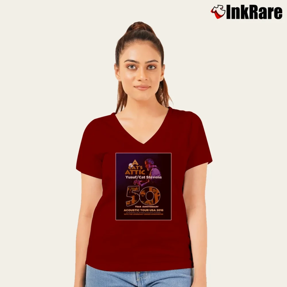 Women’s Cat Stevens Yusuf Acoustic Tour 2016 V-Neck Tee in maroon | Chic Neckline, Soft Texture