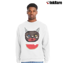 Men’s Cat & Watermelon Seth Rogen Neighbors Crewneck Sweatshirt in white | Cozy Fabric, Clean Style
