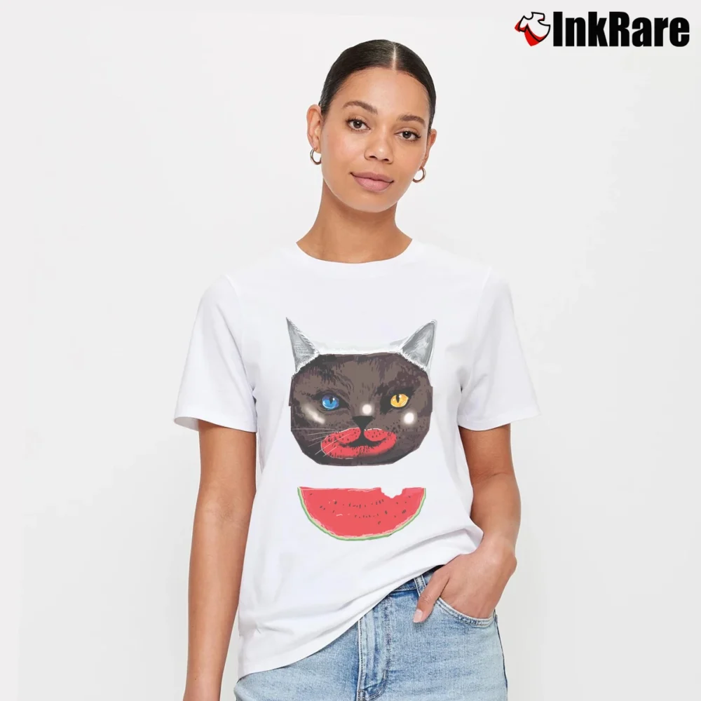 Women’s Cat & Watermelon Seth Rogen Neighbors Signature T-Shirt in white | Soft, Flattering Fit