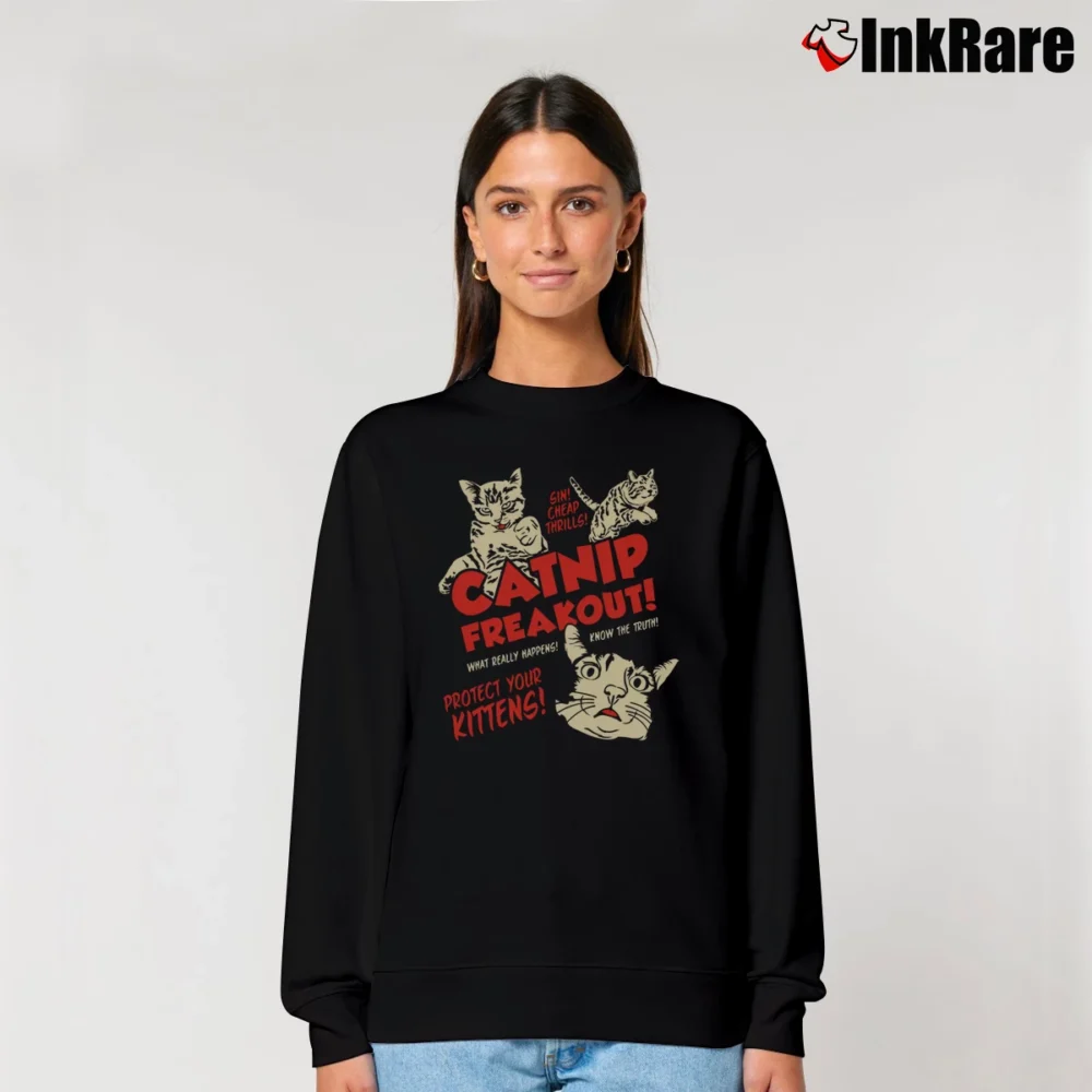 Women’s Catnip Freakout Funny Cat Lover Relaxed Sweatshirt in black | Soft, Laid-Back Vibe