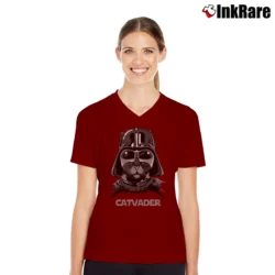 Women’s Catvader Darth Vader Parody Cat Star Wars V-Neck Tee in maroon | Chic Neckline, Soft Texture