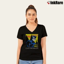 Women’s Catwoman Michelle Pfeiffer 90s Batman Returns V-Neck Tee in black | Chic Neckline, Soft Texture