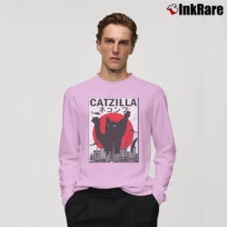 Men’s Catzilla Japanese Sunset Style Cat Kitten Lover Long-Sleeve Shirt in light pink | Sleek, Lightweight, Year-Round Wear