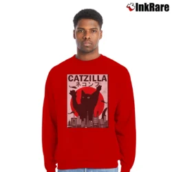 Men’s Catzilla Japanese Sunset Style Cat Kitten Lover Crewneck Sweatshirt in red | Cozy Fabric, Clean Style