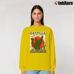 Women’s Catzilla Japanese Sunset Style Cat Kitten Lover Relaxed Sweatshirt in yellow | Soft, Laid-Back Vibe
