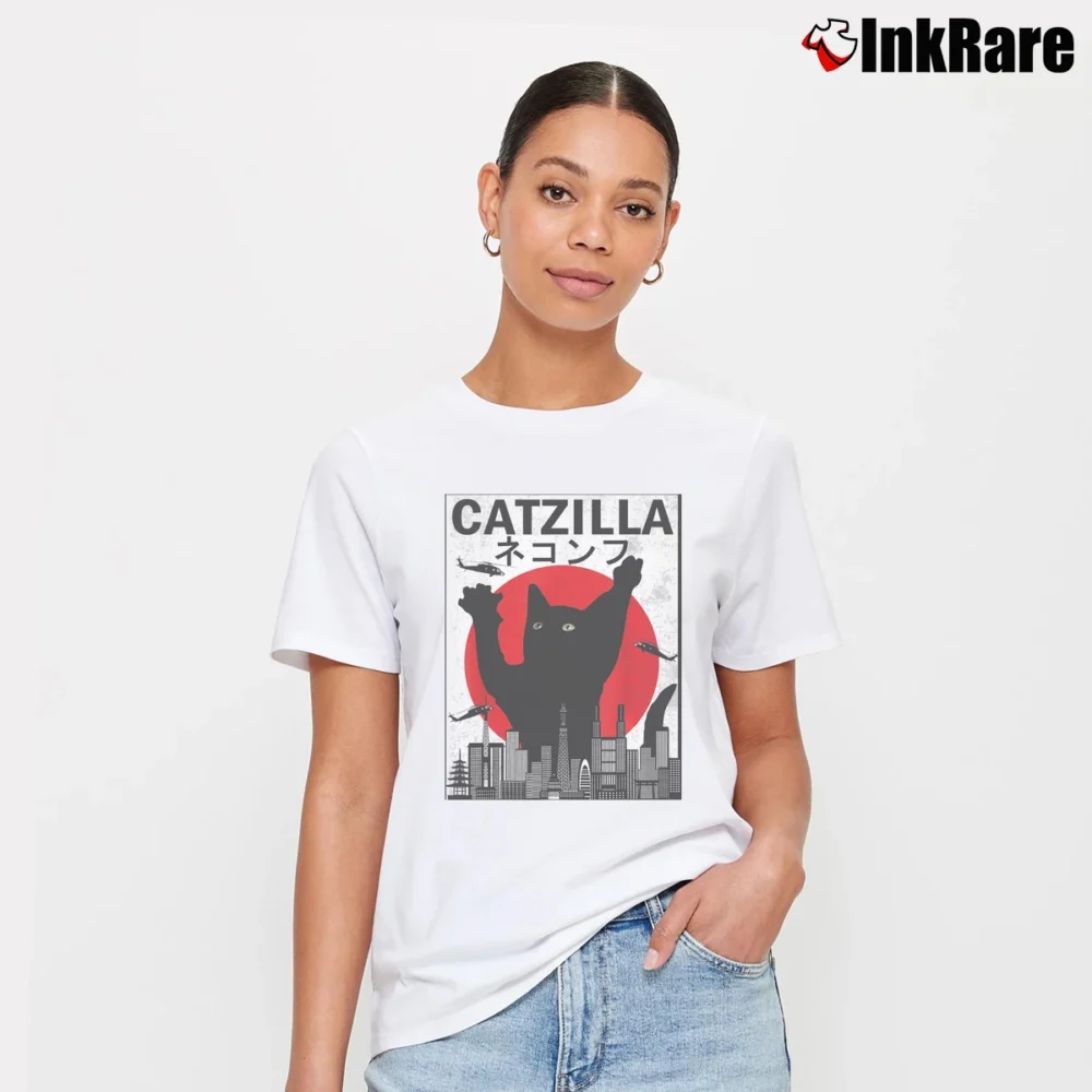 Women’s Catzilla Japanese Sunset Style Cat Kitten Lover Signature T-Shirt in white | Soft, Flattering Fit