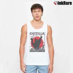 Men’s Catzilla Japanese Sunset Style Cat Kitten Lover Tank Top in white | Breathable, Active-Friendly Design
