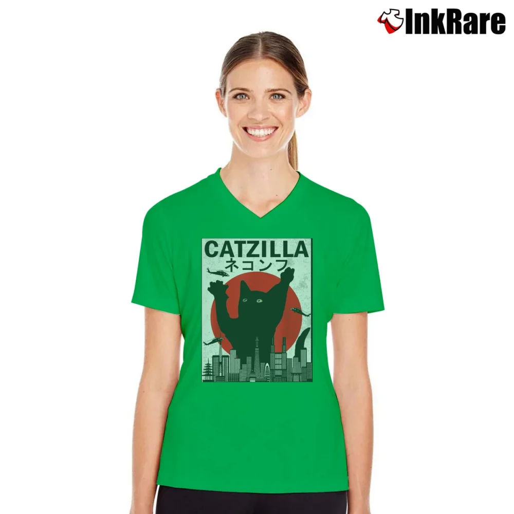 Women’s Catzilla Japanese Sunset Style Cat Kitten Lover V-Neck Tee in irish green | Chic Neckline, Soft Texture