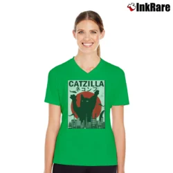 Women’s Catzilla Japanese Sunset Style Cat Kitten Lover V-Neck Tee in irish green | Chic Neckline, Soft Texture