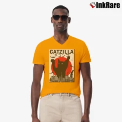 Men’s Catzilla Japanese Sunset Style Cat Kitten Lover V-Neck Tee in orange | Sharp, Breathable, Everyday Staple