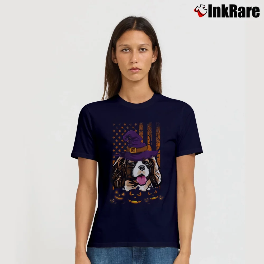 Women’s Cavalier King Charles Spaniel American Flag Halloween T-Shirt in navy | Soft, Flattering Fit