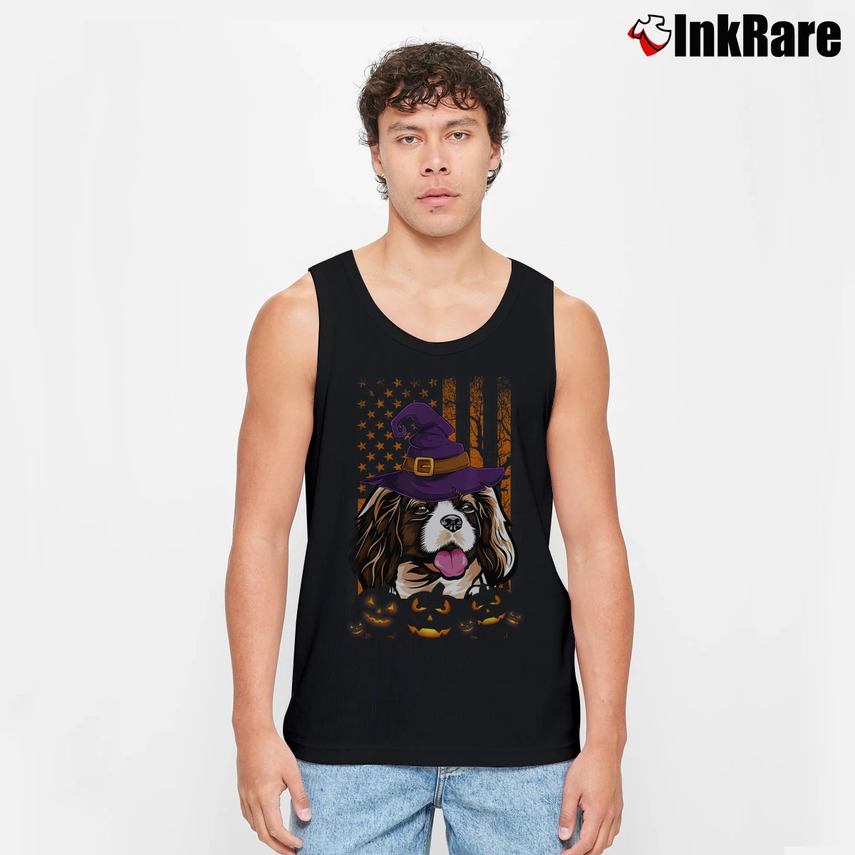 Men’s Cavalier King Charles Spaniel American Flag Halloween Tank Top in black | Breathable, Active-Friendly Design