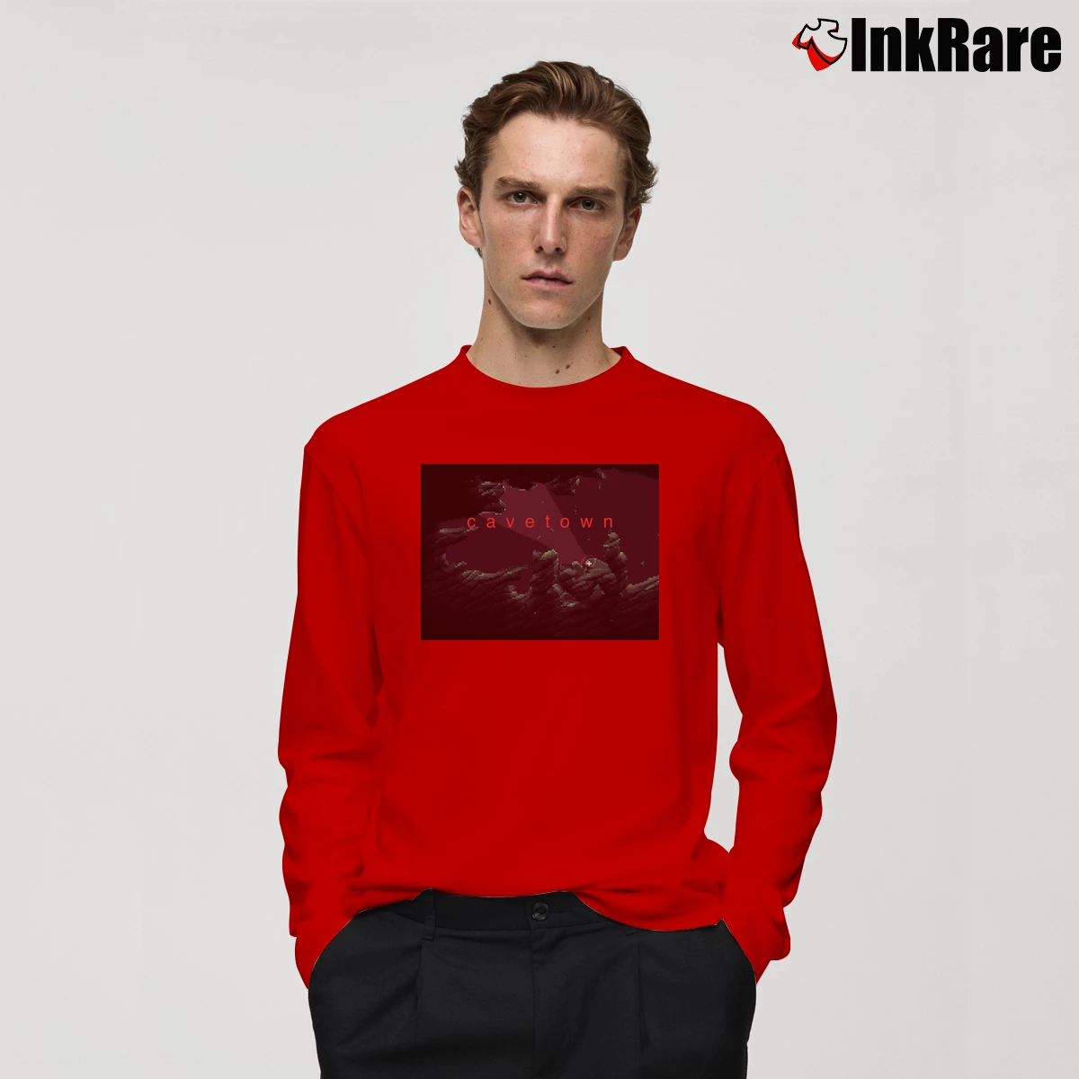 Men’s Cavetown Cave Design Long-Sleeve Shirt in red | Sleek, Lightweight, Year-Round Wear