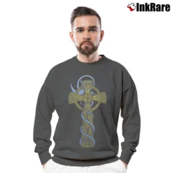 Men’s Celtic Cross With Dragon Graphic Crewneck Sweatshirt in charcoal | Cozy Fabric, Clean Style