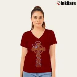 Women’s Celtic Cross With Dragon Graphic V-Neck Tee in maroon | Chic Neckline, Soft Texture