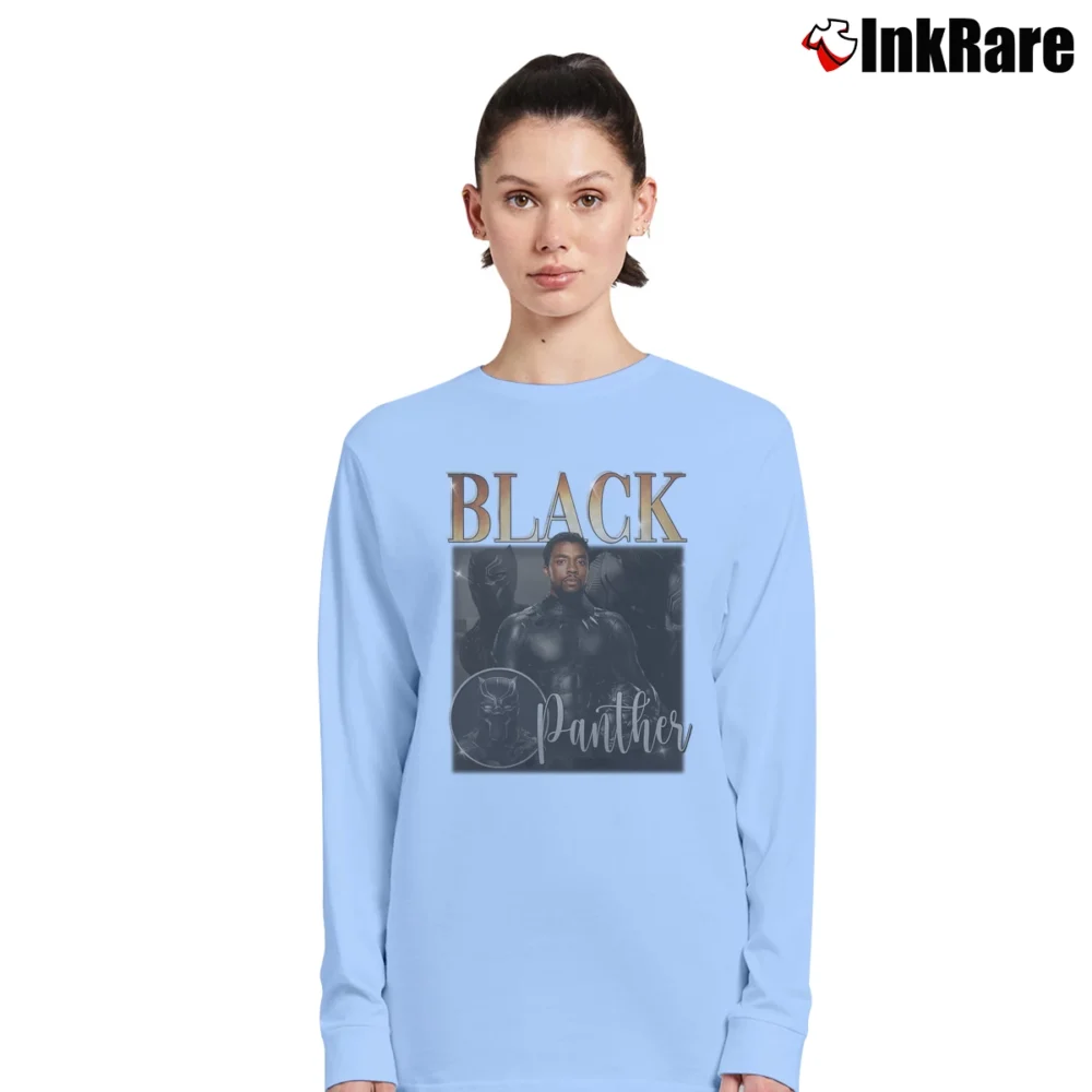 Women’s Chadwick Boseman Black Panther Avengers Marvel Movie Long-Sleeve Top in light blue | Sleek, Versatile, All-Season