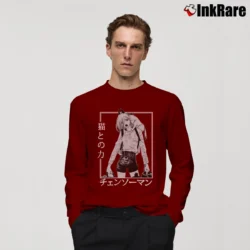 Men’s Chainsaw Man Cat Makima Pochita Aki Hayakawa Anime Long-Sleeve Shirt in maroon | Sleek, Lightweight, Year-Round Wear