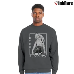 Men’s Chainsaw Man Cat Makima Pochita Aki Hayakawa Anime Crewneck Sweatshirt in charcoal | Cozy Fabric, Clean Style