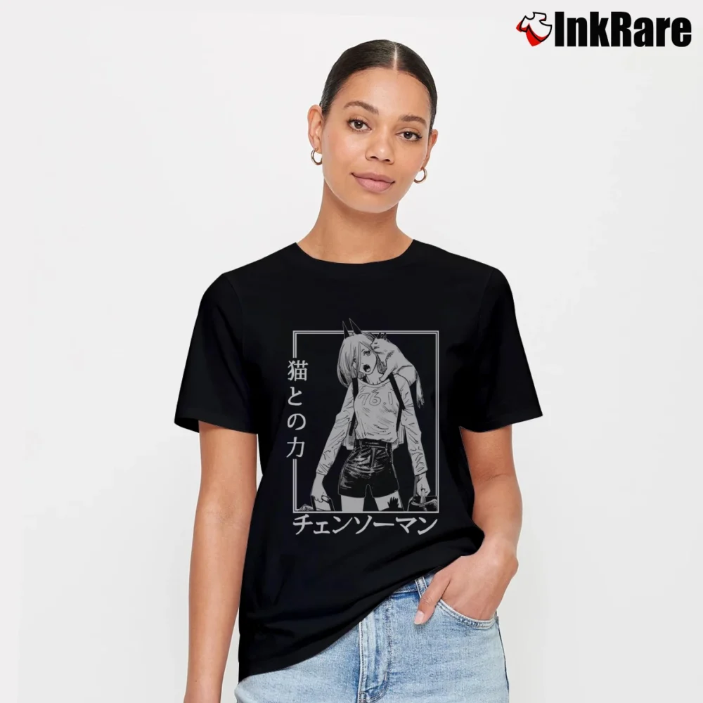 Women’s Chainsaw Man Cat Makima Pochita Aki Hayakawa Anime Signature T-Shirt in black | Soft, Flattering Fit
