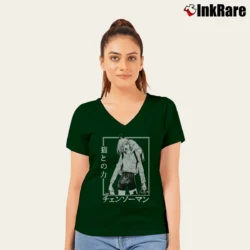 Women’s Chainsaw Man Cat Makima Pochita Aki Hayakawa Anime V-Neck Tee in forest green | Chic Neckline, Soft Texture
