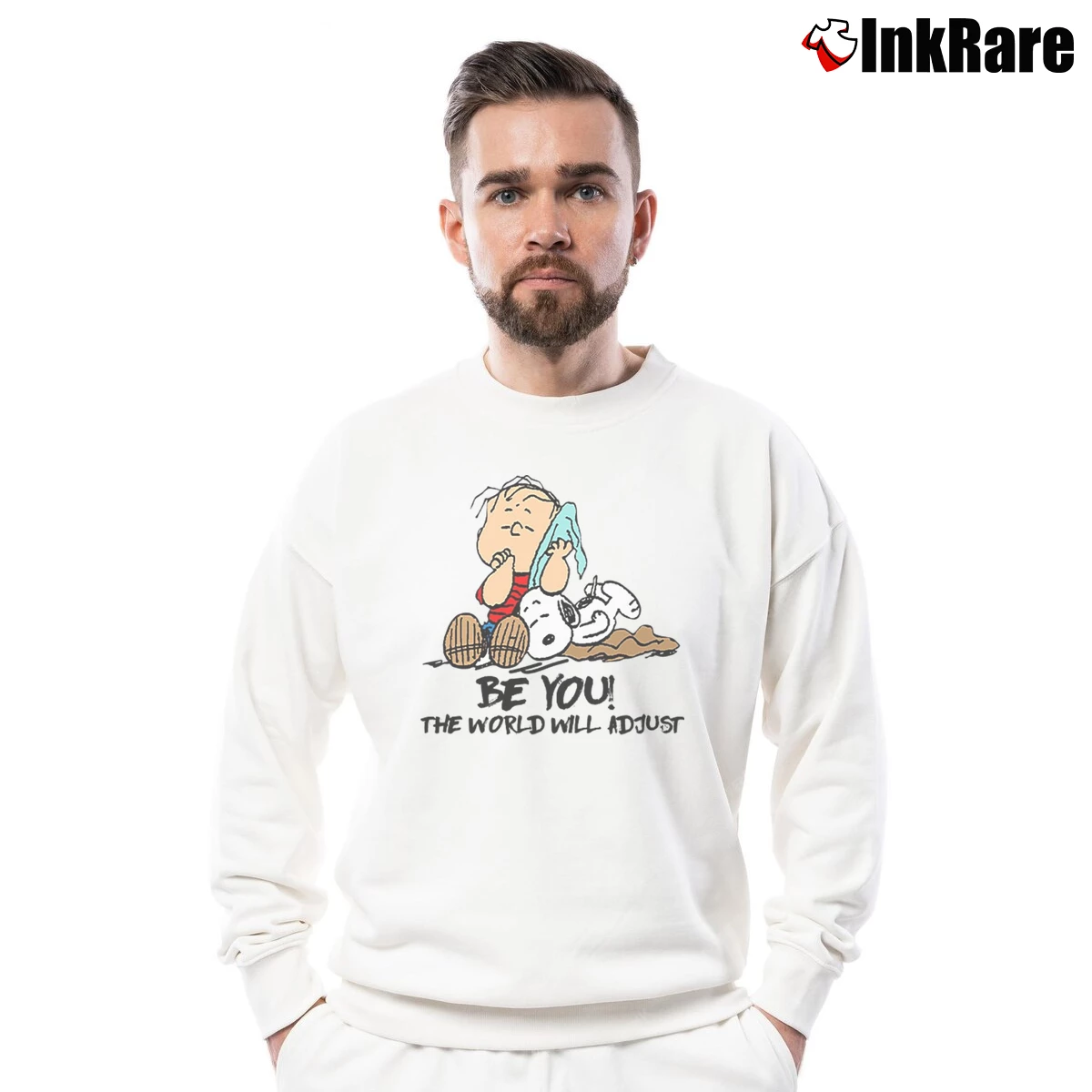 Men’s Chalie Brown And Snoopy Be You The World Will Adjust Crewneck Sweatshirt in white | Cozy Fabric, Clean Style