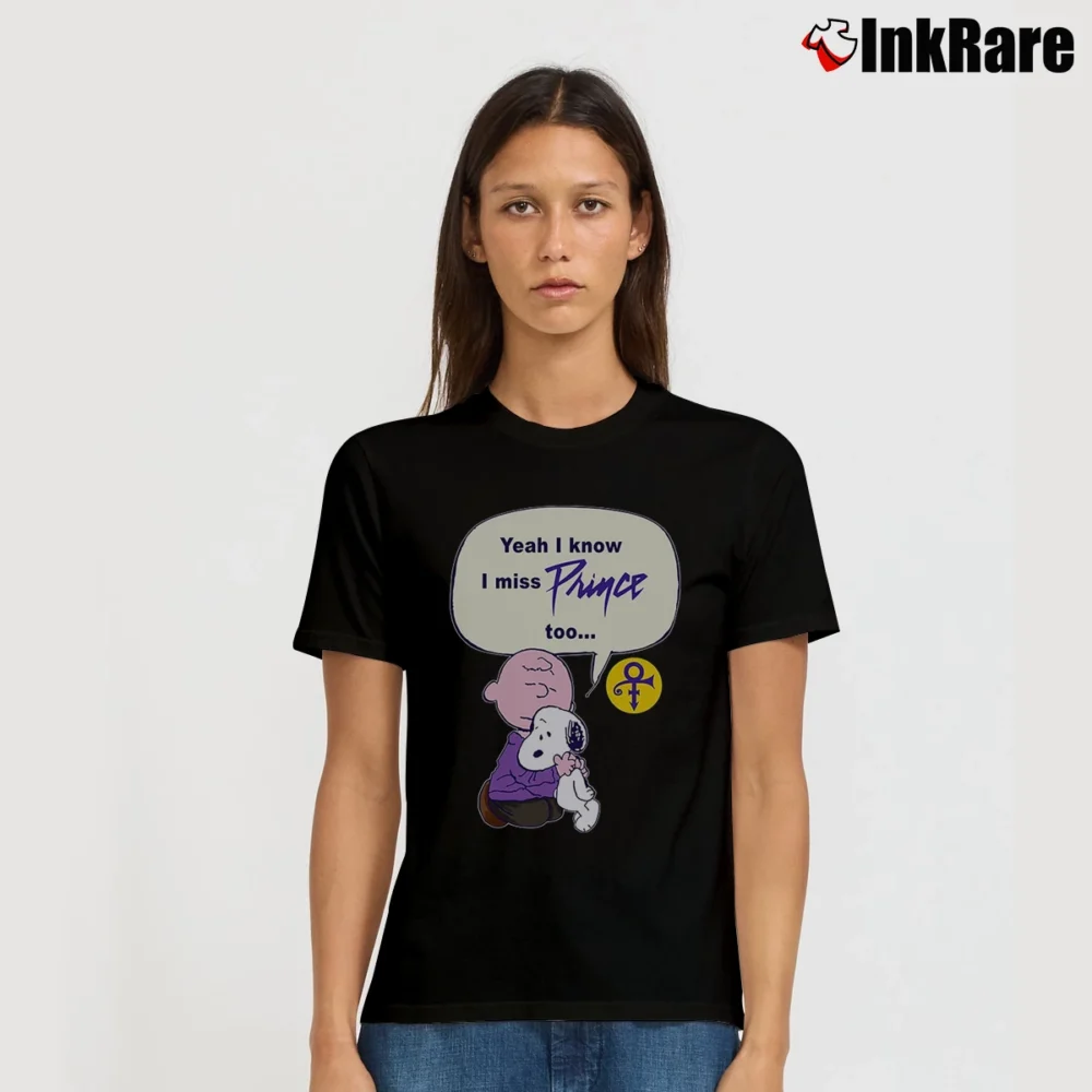 Women’s Chalie Brown And Snoopy Yeah I Know I Miss Prince Too T-Shirt in black | Soft, Flattering Fit