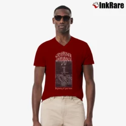 Men’s Chamber Of Malice Beginning Of Your Doom Graphic Metal V-Neck Tee in maroon | Sharp, Breathable, Everyday Staple