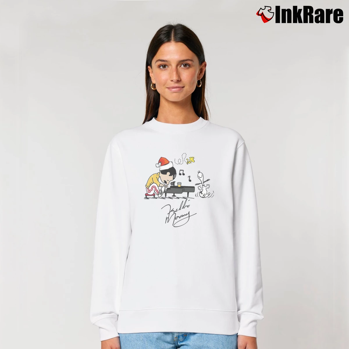 Charlie As Freddie Mercury Playing Piano And Snoopy Woodstock Women’s Relaxed Sweatshirt in white – Cozy Casual Women’s Charlie As Freddie Mercury Playing Piano And Snoopy Woodstock Relaxed Sweatshirt in white | Soft, Laid-Back Vibe