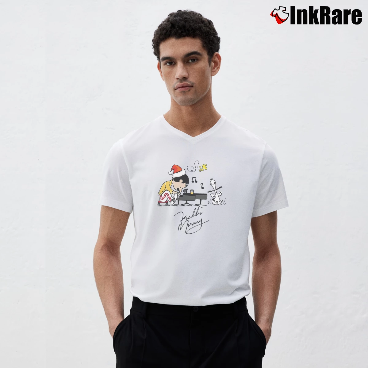 Charlie As Freddie Mercury Playing Piano And Snoopy Woodstock Men’s V-Neck Tee in white – Modern Essential Men’s Charlie As Freddie Mercury Playing Piano And Snoopy Woodstock V-Neck Tee in white | Sharp, Breathable, Everyday Staple