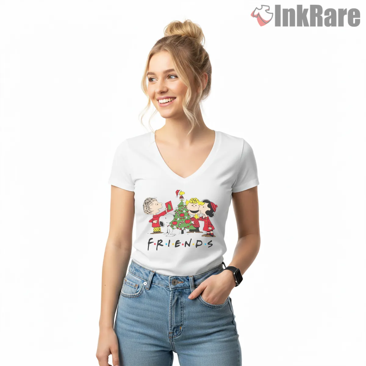 Charlie Brown And Friends Peanuts Tribute Shirt on white v-neck shirt for women graphic tee