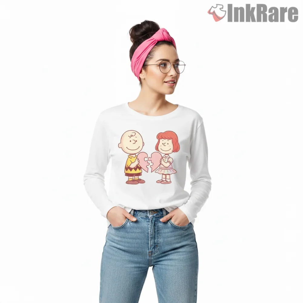 Charlie Brown And Heather Puzzle Heart Valentine Shirt on white long sleeve shirt for women graphic tee