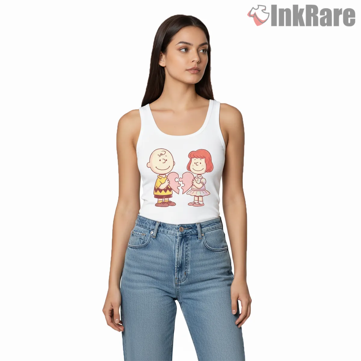 Charlie Brown And Heather Puzzle Heart Valentine Shirt on white tank top for women graphic tee