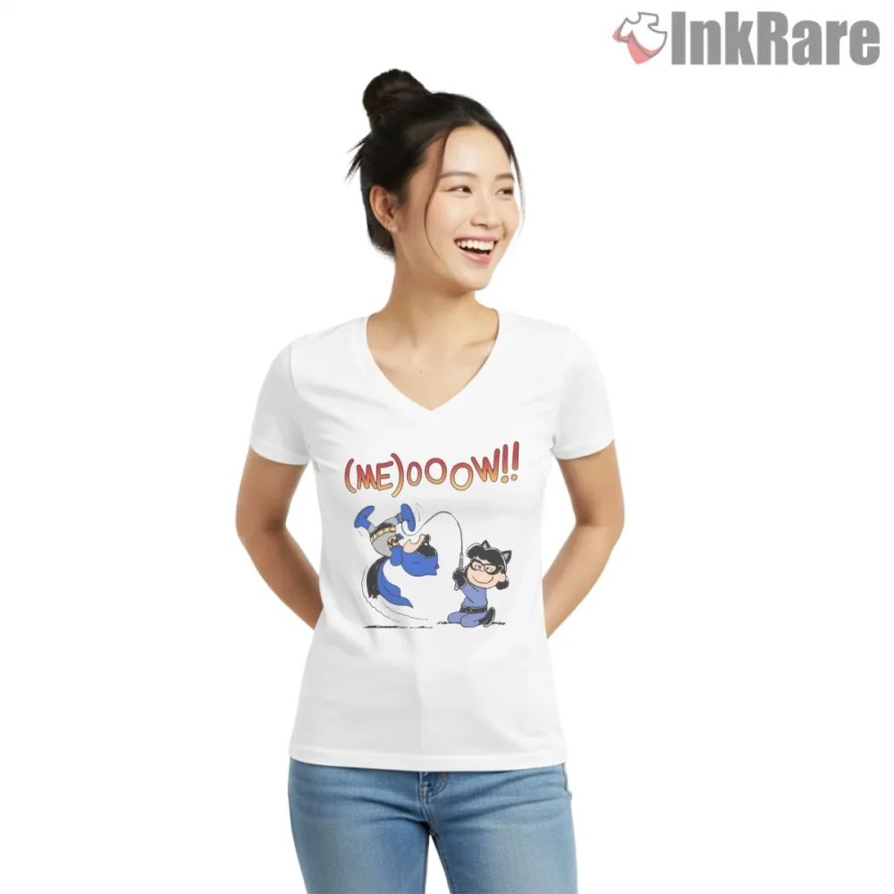Charlie Brown And Lucy Comic Hero Parody Shirt on white v-neck shirt for women graphic tee