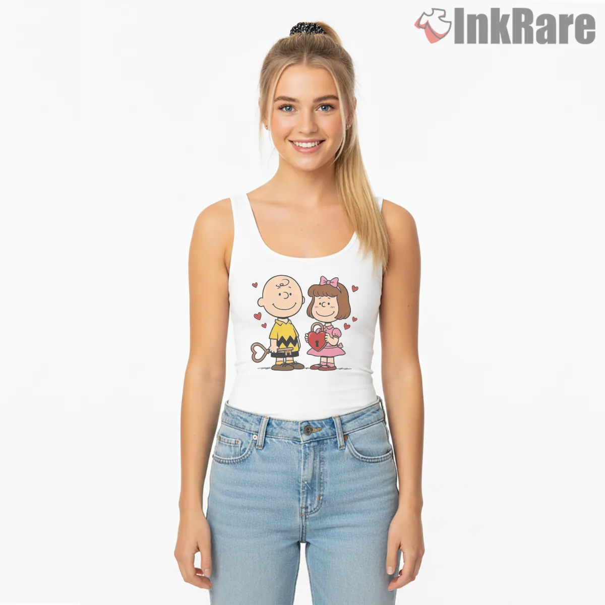 Charlie Brown And Sally Heart Lock Valentine Shirt on white tank top for women graphic tee