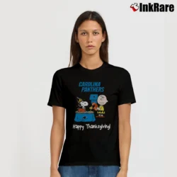 Women’s Charlie Brown And Snoopy Carolina Panthers Football Happy Thanksgiving T-Shirt in black | Soft, Flattering Fit
