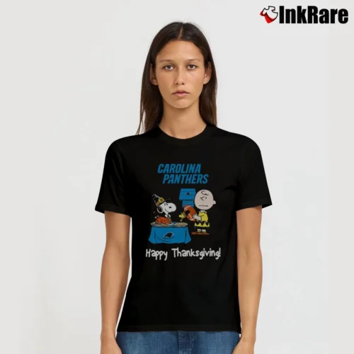 Charlie Brown And Snoopy Carolina Panthers Football Happy Thanksgiving Women’s Tee in black – Effortless Style Women’s Charlie Brown And Snoopy Carolina Panthers Football Happy Thanksgiving T-Shirt in black | Soft, Flattering Fit