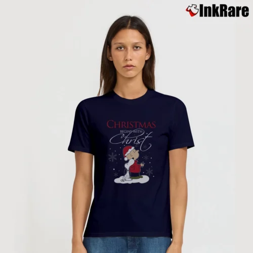Charlie Brown And Snoopy Christmas Begins With Christ Women’s Tee in navy – Effortless Style Women’s Charlie Brown And Snoopy Christmas Begins With Christ T-Shirt in navy | Soft, Flattering Fit