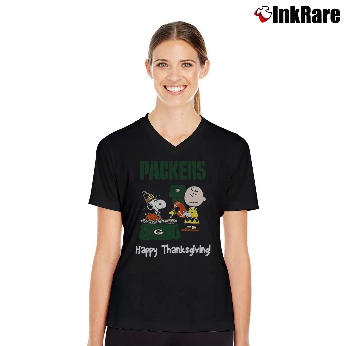 Charlie Brown And Snoopy Green Bay Packers Football Happy Thanksgiving Women’s V-Neck Tee in black – Flattering Fit Women’s Charlie Brown And Snoopy Green Bay Packers Football Happy Thanksgiving V-Neck Tee in black | Chic Neckline, Soft Texture