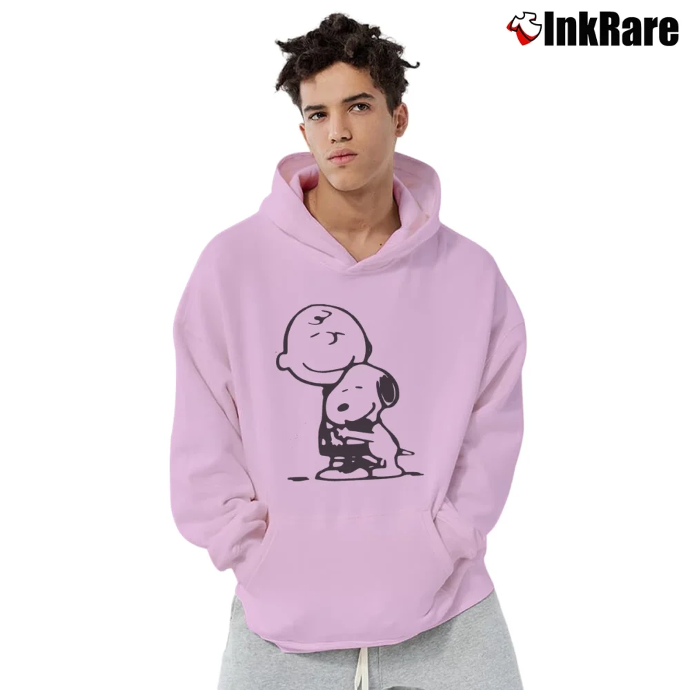 Men’s Charlie Brown And Snoopy Hug Pullover Hoodie in light pink | Cozy, Durable, Modern Fit