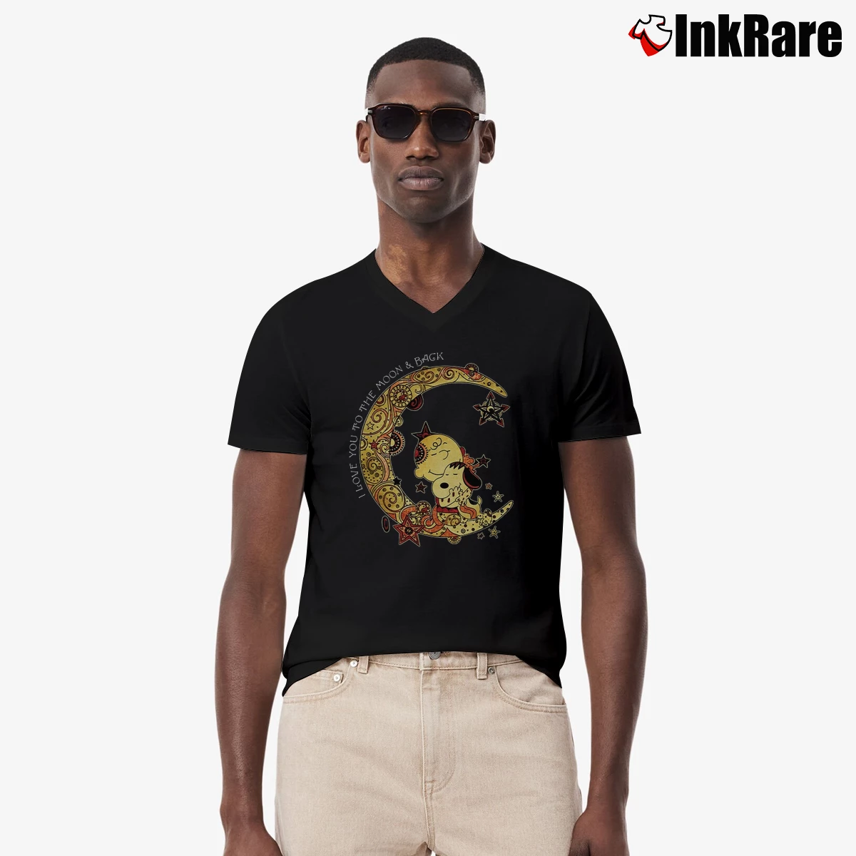 Charlie Brown And Snoopy I Love You To The Moon And Back Men’s V-Neck Tee in black – Modern Essential Men’s Charlie Brown And Snoopy I Love You To The Moon And Back V-Neck Tee in black | Sharp, Breathable, Everyday Staple